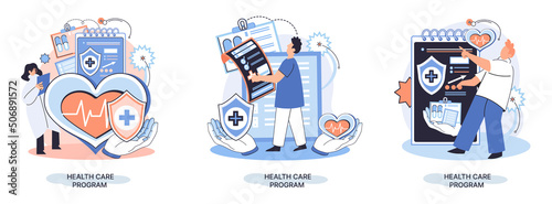 Health care program metaphor, online medical services, protection medicine. Medical insurance, hospital services, preventive check up, sick leave certificate treatment diagnosis patients, telemedicine