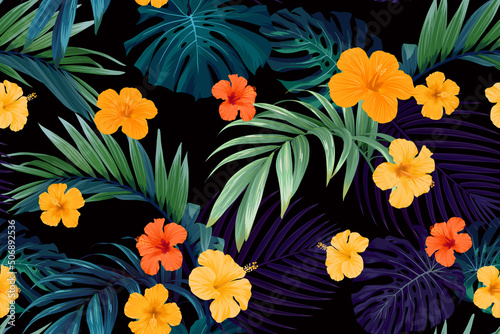Seamless hand drawn tropical vector pattern with bright hibiscus flowers and exotic palm leaves on dark background.