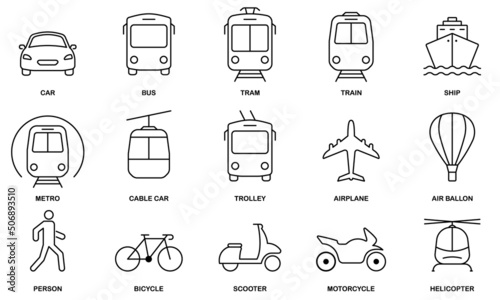 Transportation Line Icon Set. Public Transport Station Linear Symbol. Vehicle, Air, Railway, Motorcycle Transport Outline Icon. Travel Transport Design. Editable Stroke. Isolated Vector Illustration