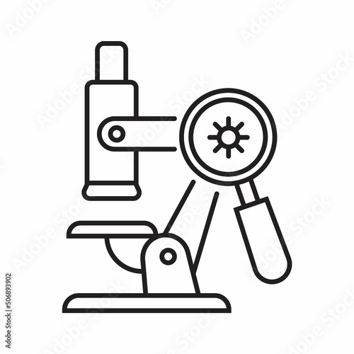 Microscope with bacteria, virus icon in line, outline style. Chemical laboratory.