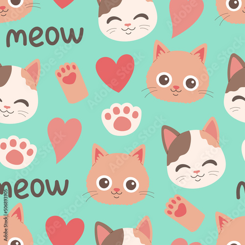 Cat muzzle and paw seamless pattern vector