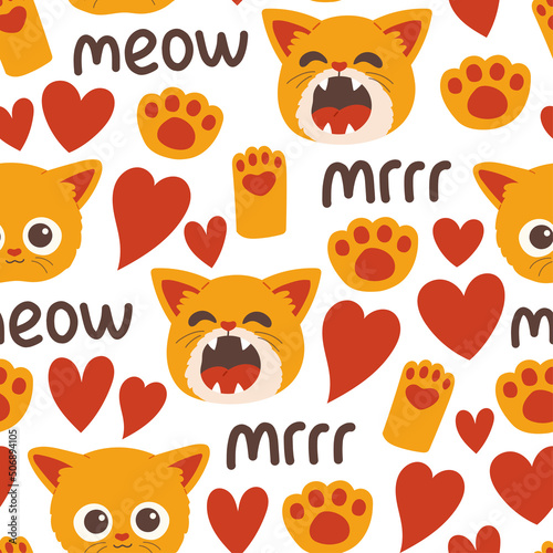 Cat muzzle and paw seamless pattern vector