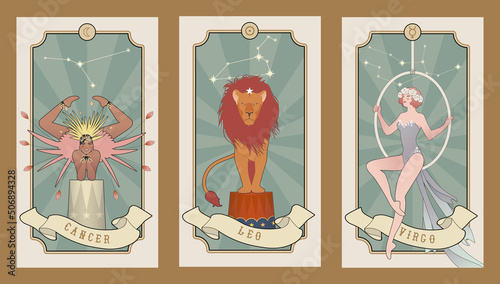 Cards signs of the zodiac inspired by the world of the vintage Circus. Cancer, Leo, Virgo