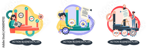 Action business plan, development strategies, foreseeing market risks. Company success secret, idea growing business achieve target metaphor, study production and sales market. Strategic biz planning