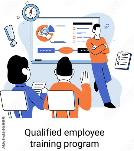 Qualified employee training program. Refresher course metaphor. Help in professional development. Learning for software development and growth. Agile project management team project life scrum meeting
