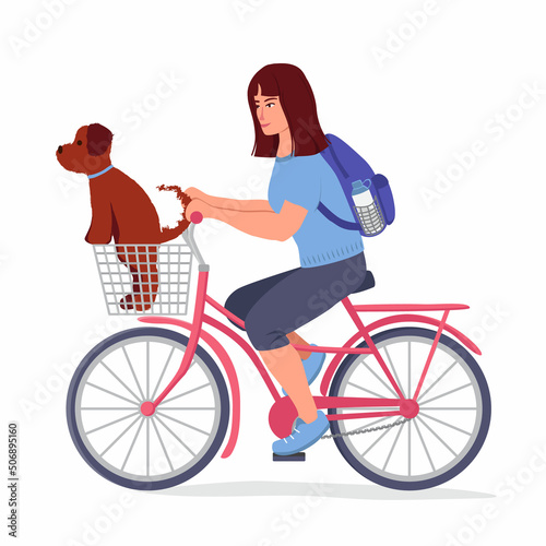 Smiling girl in a t-shirt and shorts rides a bicycle. The dog is in the basket. On the back is a backpack. The concept of active lifestyle. Vector illustration in a flat style