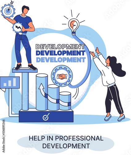 Help in professional development metaphor. Qualified employee training program. Refresher course. Human resource management organization. Business education workshop. School personality growth in team