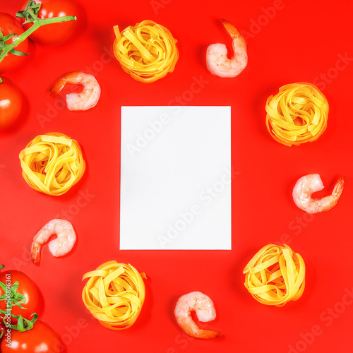 Flat lay photo of Ingredients for italian pasta on red background.