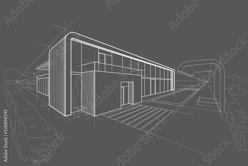 Linear architectural sketch residental building - cottage perspective on gray background
