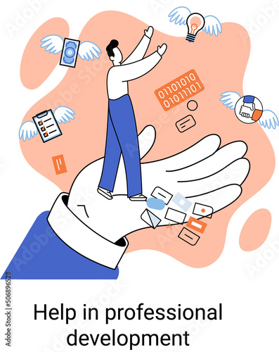 Help in professional development metaphor. Qualified employee training program. Refresher course. Human resource management organization. Business education workshop. School personality growth in team