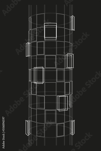 Linear architectural sketch abstract round building frame on black background