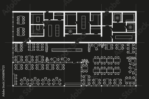 Linear technical sketch rectangle restaurant with terrace plan on black background