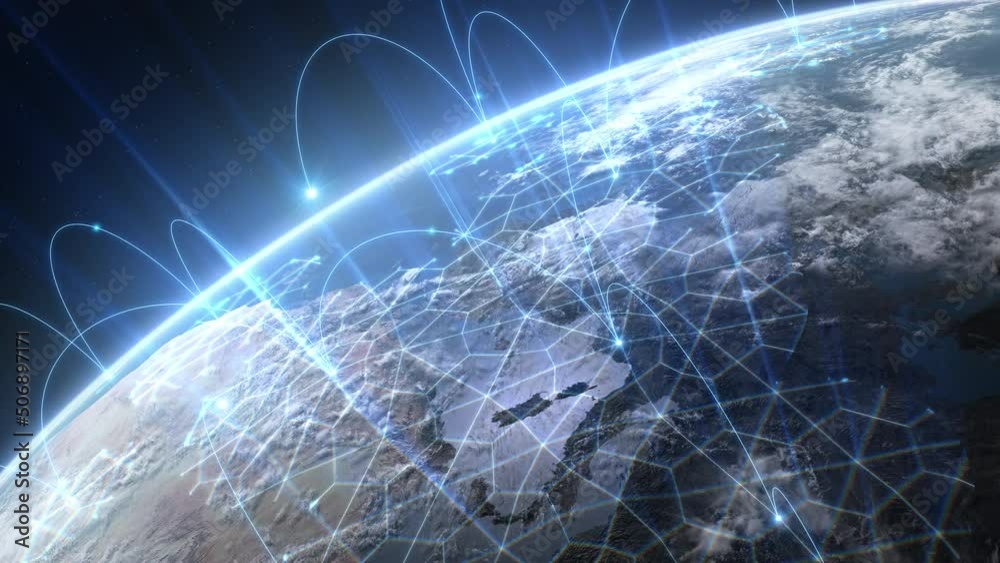 Growing Network Grid Over the Earth at Sunset. Digital Worldwide Blue Abstract Net Expansion View from Satellite Orbiting the Planet 3d Animation Internet Business Technology Concept 4k UHD 3840x2160