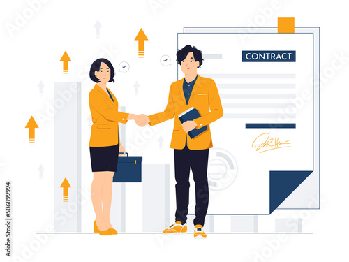 Vector concept illustration of two business partners handshaking, Meeting, Partnership, business deal, agreement, Signing a contract flat cartoon style