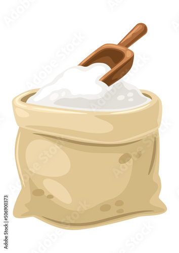 Illustration of bag of flour and trowel. Image for bakeries and groceries.