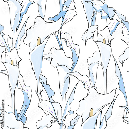 Pale blue calla lilies on a white background, seamless floral pattern for fabric