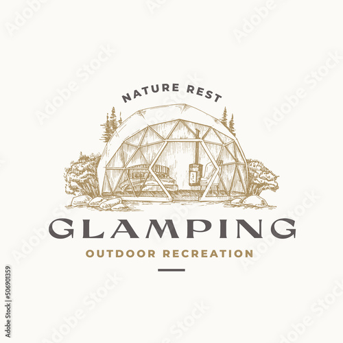 Glamping Recreation Retro Logo Template. Hand Drawn Comfortable Outdoor Tent Landscape Sketch with Typography. Vintage Sketch Emblem Isolated