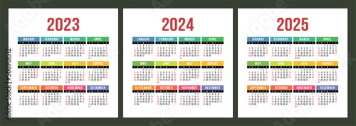 Calendar 2023, 2024 and 2025 years. Square vector calender design template. English colorful set.  January, February, March, April, May, June, July, August, September, October, November, December