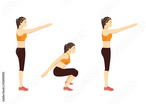 Sportswomen do Hindu Squats Exercise in 3 steps. Illustration about workout diagram for Glutes and hip and Shoulder muscles. 