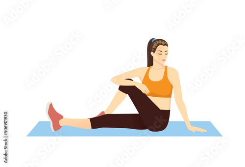 Women sitting on the ground and doing stretch exercise poses with cross legs. Illustration about workout diagram for relaxing muscles at the hip, back, leg, and thign.
