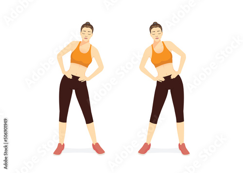 Sportswomen do Hip Circles Exercise in right and left sides. Illustration about workout diagram for warm up and cool down for muscles stretch. waist, belly, Abdominal.