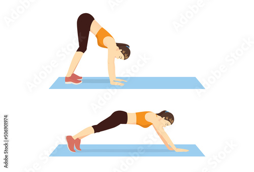 Women do Inchworms pose or walkouts exercise on the exercise mat. Illustration about workout diagram that targets abs and hip and lower back.