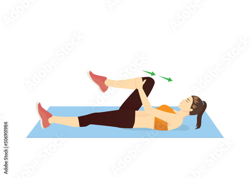 Women doing relaxing muscles exercise with a single knee to chest stretching pose. Illustration about workout diagram in lying pose.
