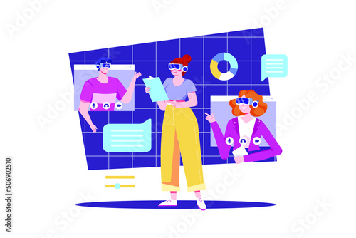 Online video meeting in the metaverse Illustration concept. Flat illustration isolated on white background.
