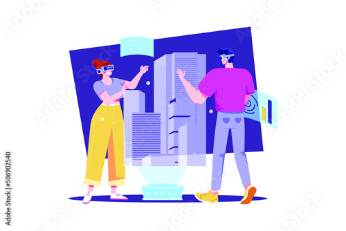 People building a virtual world Illustration concept. Flat illustration isolated on white background.