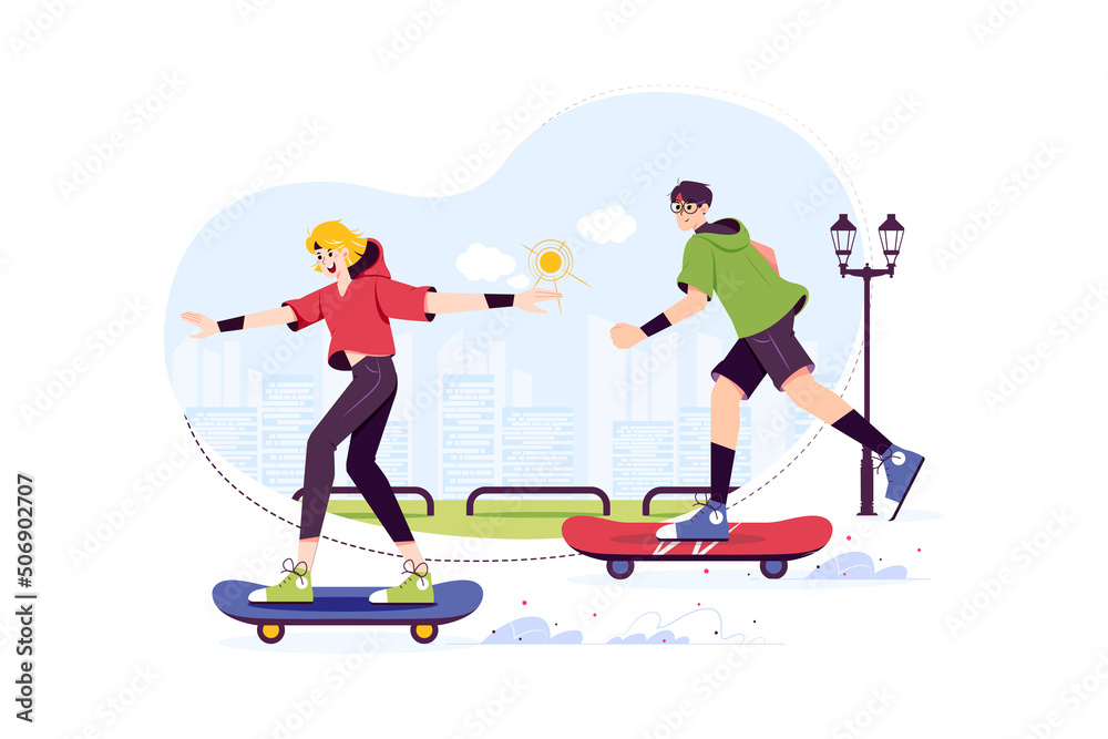 Obraz premium School girl and boy skateboarding on the street