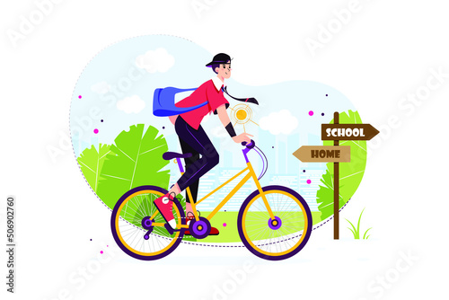 Student riding cycle to reach school Illustration concept. Flat illustration isolated on white background.