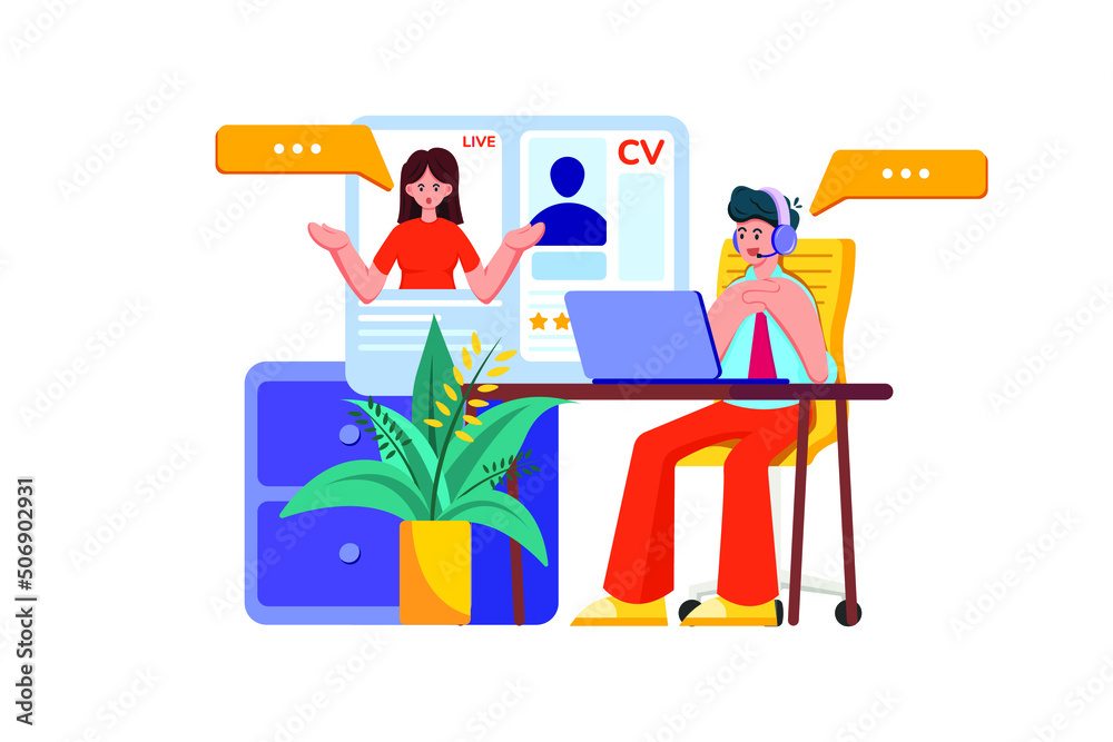 Online Job Interview Illustration concept. Flat illustration isolated on white background. Online Job Interview Illustration concept. Flat illustration isolated on white background.
