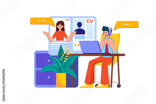 Online Job Interview Illustration concept. Flat illustration isolated on white background.