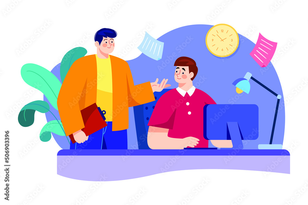 Employee working in the office Illustration concept. Flat illustration isolated on white background. Employee working in the office Illustration concept. Flat illustration isolated on white background.