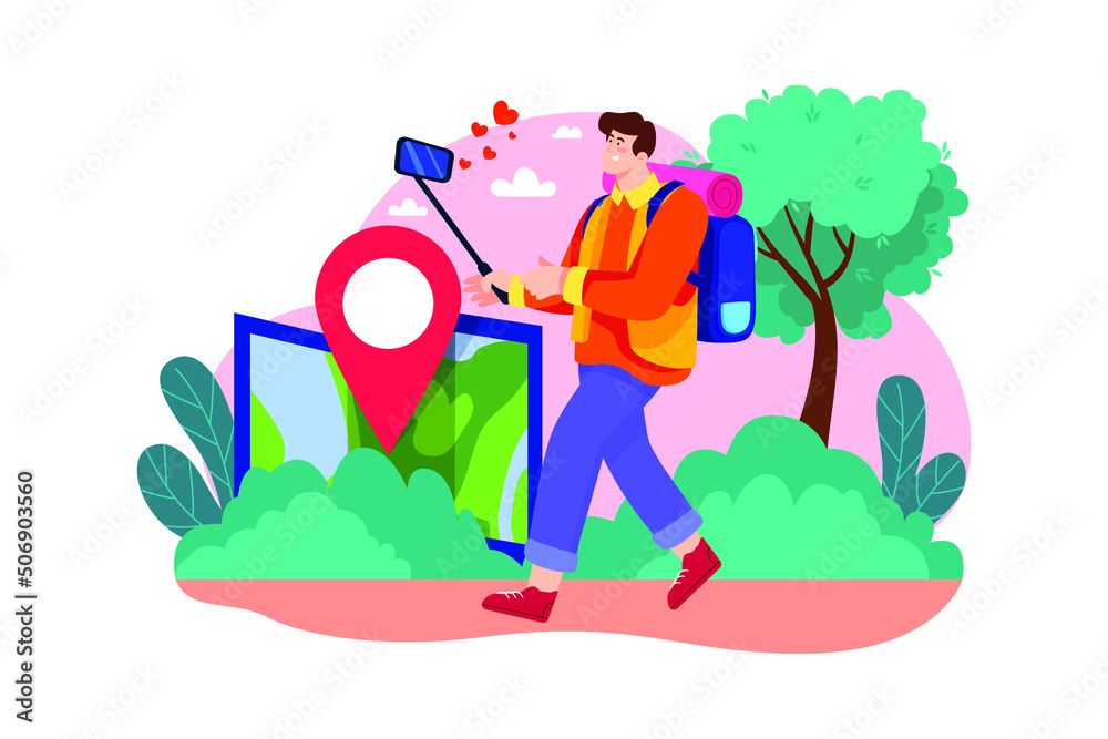 Male travel vlogger Illustration concept. Flat illustration isolated on white background. Male travel vlogger Illustration concept. Flat illustration isolated on white background.