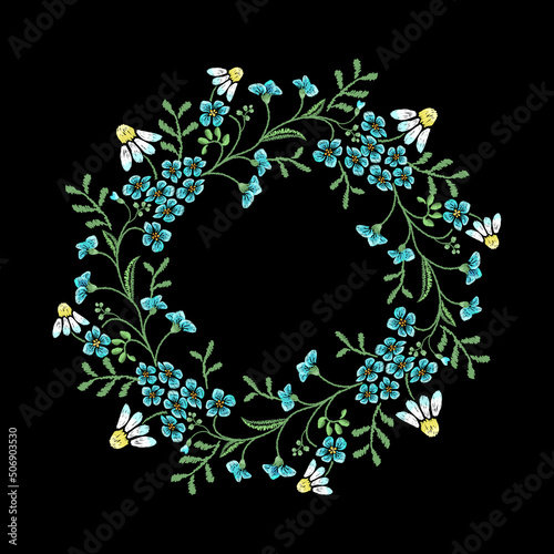 Embroidery trend floral pattern  with  forget-me-nots and chamomile.