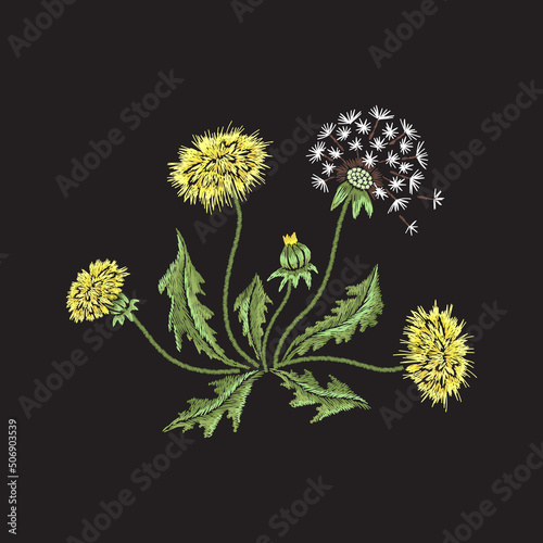 Embroidery floral pattern with realistic dandelions