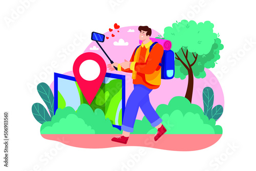 Male travel vlogger Illustration concept. Flat illustration isolated on white background.