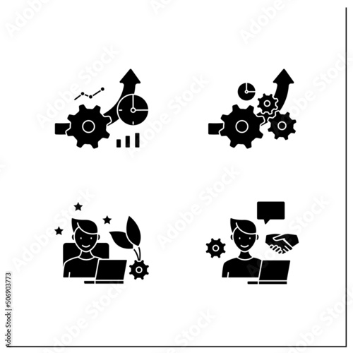 Business automation glyph icons set.Increased efficiency, favorite job, open collaboration, greater productivity. Business optimization.Filled flat signs. Isolated silhouette vector illustrations