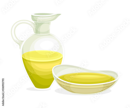 Golden Olive Oil Poured in Glass Jug and Bowl Vector Illustration