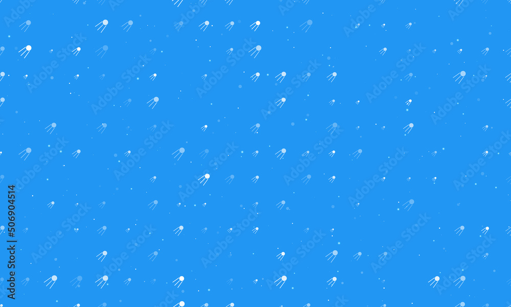 Seamless background pattern of evenly spaced white satellite symbols of different sizes and opacity. Vector illustration on blue background with stars