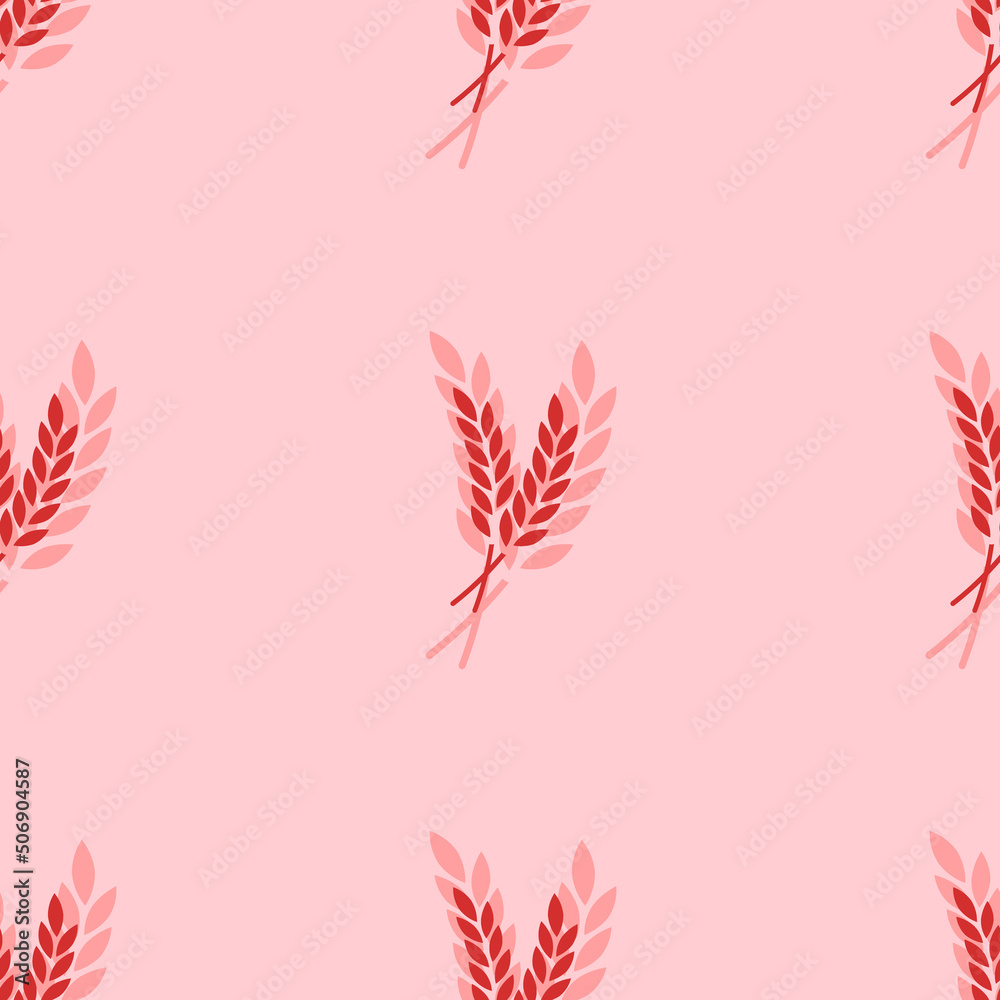 Seamless pattern of large isolated red wheat symbols. The elements are evenly spaced. Vector illustration on light red background