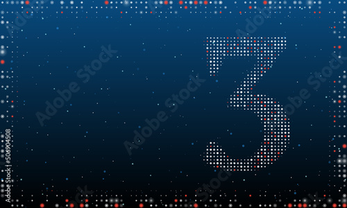 On the right is the number three symbol filled with white dots. Pointillism style. Abstract futuristic frame of dots and circles. Some dots is red. Vector illustration on blue background with stars