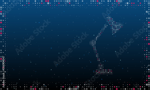 On the right is the table lamp symbol filled with white dots. Pointillism style. Abstract futuristic frame of dots and circles. Some dots is pink. Vector illustration on blue background with stars