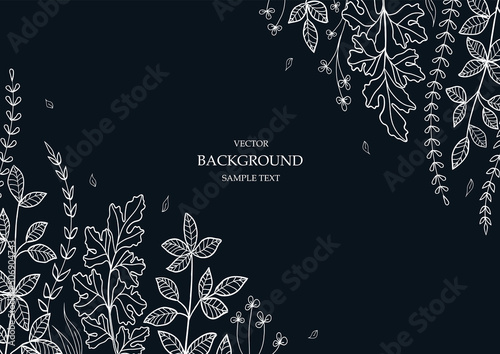Floral vector template with leaves, plants on dark background. Natural elements. Plant print for holiday poster, greeting card, cover, banner, invitation. Botanical art. Botanical art. Minimalistic