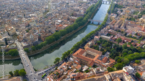 Aerial view of the historic center of Rome, Italy. The River Tiber divides the city.