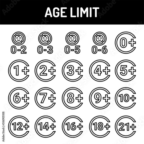 Age limit 0-21 plus line icons set. Isolated vector element.