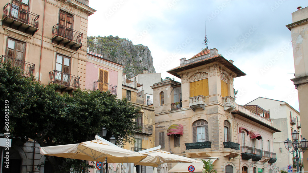 ancient buildings at garibaldi square in cefalù in sicily (italy) 