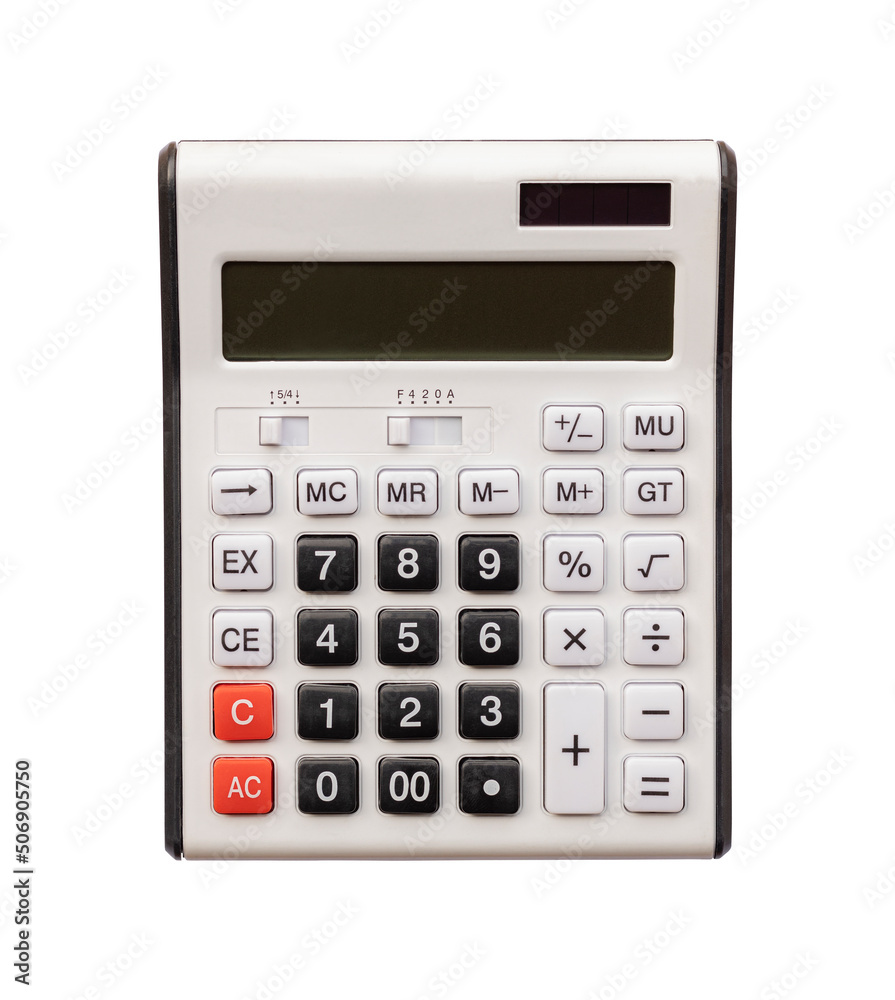 Old calculator isolated on white background. A used calculator. Old calculator isolated on white background. A used calculator.