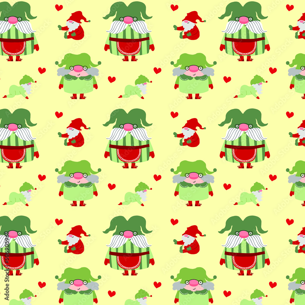 Obraz premium Christmas vector gnomes pattern. Cartoon background with gnomes and hearts.